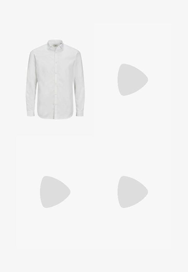 Witte, lange mouw, knoopsluitende shirt van katoen, met een klassieke kraag, rechte snit en subtiele textuur. Standaard knoopsluiting.; Zwarte oversized T-shirt met donkergrijze tekst "ALLSAINTS" over de borst en "LONDEN" in kleinere letters eronder.; Lichtblauwe slim-fit jeans met een lichte vervaging op de dijen, knoopsluiting aan de voorkant, riemlussen en vijf-pocket styling op een witte achtergrond.; Grijze sportschoen met een bovenwerk van suede en textiel, witte Nike swoosh en witte veters. Heeft een gestructureerde rubberen zool en een gevoerde schacht.