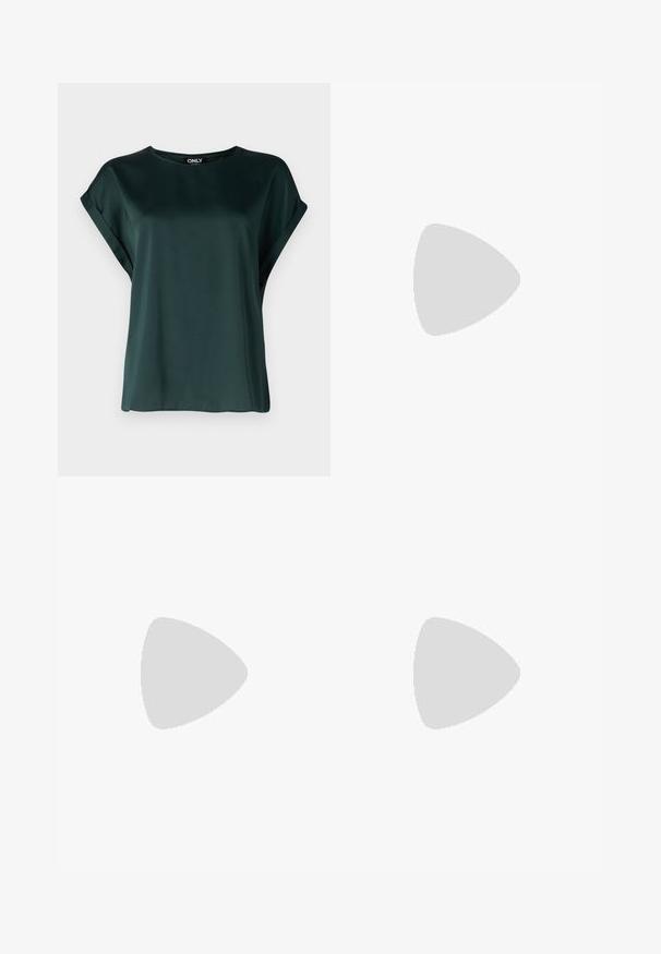 Dark green blouse with a simple design, made from smooth fabric. Features short, rolled sleeves and a round neckline.; Light blue denim trousers with a straight-leg fit, high waist, and front button closure. Features five pockets and minimal stitching details.; Gold metallic heeled sandals featuring a strappy design, square block heel, and adjustable ankle strap with a buckle. Smooth texture.; Yellow faux-crocodile handbag with a structured design, top handle, detachable chain strap, and decorative crystal embellishment on the clasp.