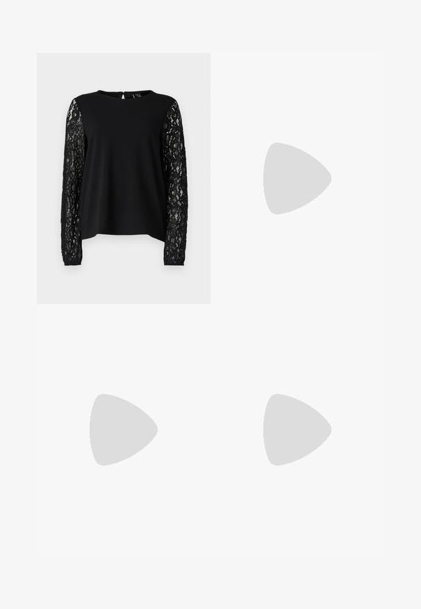 Zwarte top met een stevige lijfje en lange mouwen van ingewikkeld zwart kant, met een ronde halslijn en een opening met sleutelgat aan de achterkant.; Zwarte wijde broek van zachte fluweel, met een elastische tailleband en een gladde textuur, zonder zichtbare details of patronen.; Zwarte gepatineerde leren slingback hakken met een spitse neus en een geometrische blokhak. Kenmerkt zich door een slank, minimalistisch ontwerp en een gladde textuur.; Zwarte leren handtas met een gladde textuur, rechthoekige vorm en twee lange handvaten. Geen zichtbare hardware of versieringen.