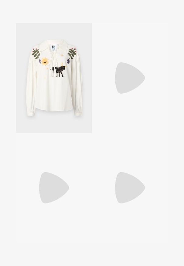 White long-sleeve blouse with a pointed collar, featuring multicolored embroidered motifs including a cow, sun, and leaves. Tasseled drawstring closure.; Knit white midi skirt featuring a textured pattern with vertical lines and cut-out details near the hem. Elastic waistband. Soft material.; Black leather ballet flat with a rounded toe, smooth texture, minimal stitching detail, and a flexible sole design.; Brown leather handbag with a flap closure, gold-tone hardware, a shoulder strap, and a smooth texture. Compact rectangular shape.