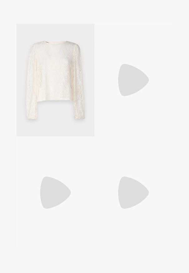 Ecru pitussleeve top ümar kaelusega. Omab keerukaid lillemustreid ja vabalt langevat istuvust koos voltidega varruka servadel.; Valged triibulised püksid, sirgete jalgade disainiga, valmistatud kergest kangast. Ees on voldid ja traditsiooniline talje.; Küüntega slingback konts, mis on valmistatud siledast ja läikivast tan värvi materjalist. Omab kaarjat lõigatud disaini ja õhukest stiletto kontsa. Hõbedane pandla detail.; Valge sünteetilisest materjalist kott kolmnurkse kujuga, lame esiklapiga ja kaaredetailiga, reguleeritava rihmaga, sileda tekstuuriga ja minimalistliku disainiga.