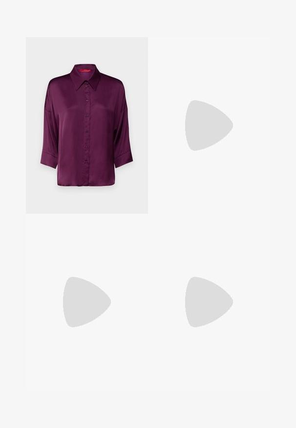 MAX&Co. BEMBO - Blúzka so zapínaním na gombíky - purple; Pletená biela midi sukňa s textúrovaným vzorom s vertikálnymi pruhmi a výrezmi v blízkosti dolného okraja. Elastický pás. Mäkkučký materiál.; Čierne kožené baleríny s okrúhlou špičkou, hladkým povrchom, minimálnym prešívaním a flexibilným dizajnom podrážky.; Hnedá kožená kabelka s klopou, zlatými kovovými prvkami, ramenným popruhom a hladkým povrchom. Kompaktný obdĺžnikový tvar.