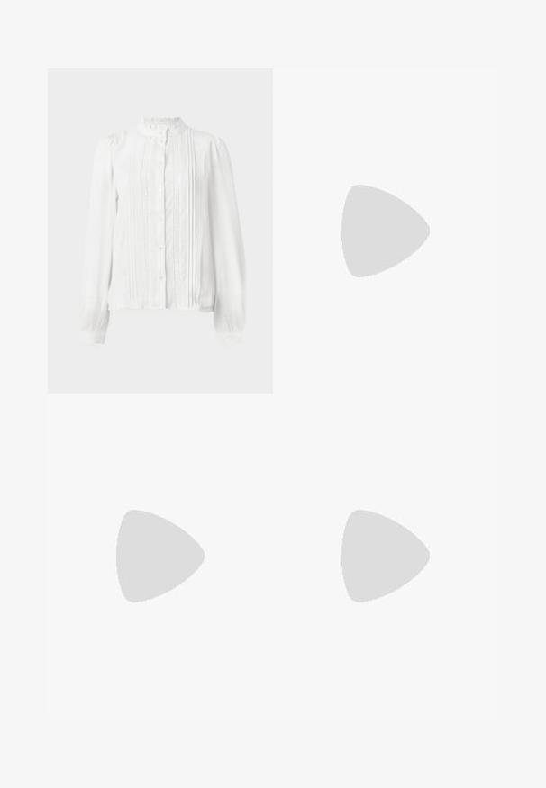 White blouse featuring a high collar, button closure, pleats down the front, and lace trim on sleeves. Made from lightweight fabric.; Long-sleeve white ribbed turtleneck top with a ruffled neck and frayed hem detailing. Smooth texture, form-fitting design.; Gray wide-leg trousers made of textured fabric, featuring a high waist, front pleats, and two buttons at the waistband.; Pointed-toe slingback shoes in glossy beige patent leather with a narrow heel and adjustable strap for a secure fit.