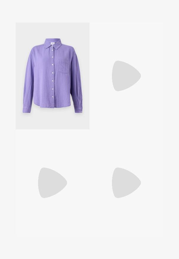 Purple button-up shirt made of textured fabric, featuring a collar, long sleeves, and a single chest pocket.; Denim shorts in light blue, featuring five pockets, a zip fly, and a button closure. The hem is frayed with a relaxed fit design.; Black leather pointy-toe pump with an ankle strap and a chunky heel. Flat texture, sleek design, and minimalistic aesthetics.; Black leather tote bag with smooth texture, rectangular shape, and two long handles. No visible hardware or embellishments.