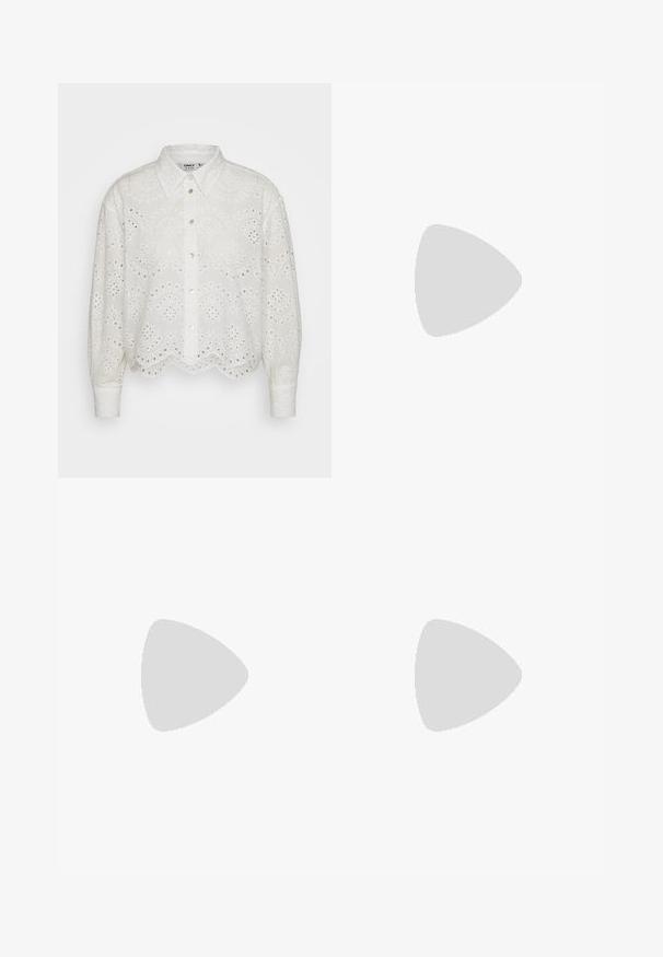 White cotton blouse with a scalloped hem, point collar, long sleeves, and eyelet embroidery featuring circular and paisley patterns.; Black wide-leg pants made of denim, featuring a structured waistband, belt loops, and front pockets. Smooth texture with a classic design.; Black leather pointy-toe pump with an ankle strap and a chunky heel. Flat texture, sleek design, and minimalistic aesthetics.; Black leather tote bag with smooth texture, rectangular shape, and two long handles. No visible hardware or embellishments.