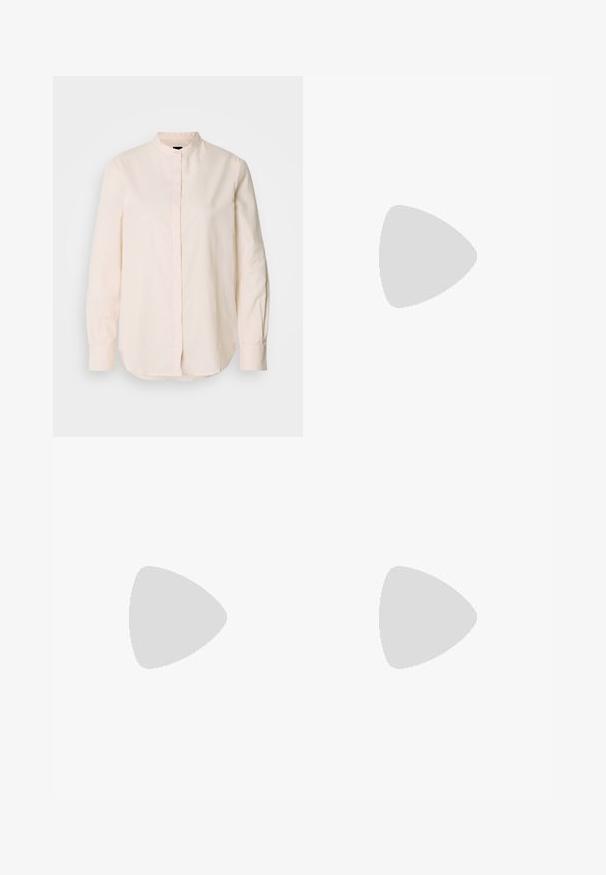 Light pink long-sleeve shirt with a stand-up collar, button front, and slightly rounded hem; made of smooth fabric with a minimalist design.; Wide-leg trousers in light beige cotton. Features a high waist, front pockets, and a straight cut. Clean hem finishing without patterns.; Pointed-toe slingback shoe in off-white leather, featuring a low heel and cut-out design with a smooth texture and minimal accents.; Silver metal earrings featuring rounded shapes, with a polished finish and subtle engravings of the brand "BOSS" on the lower sections.