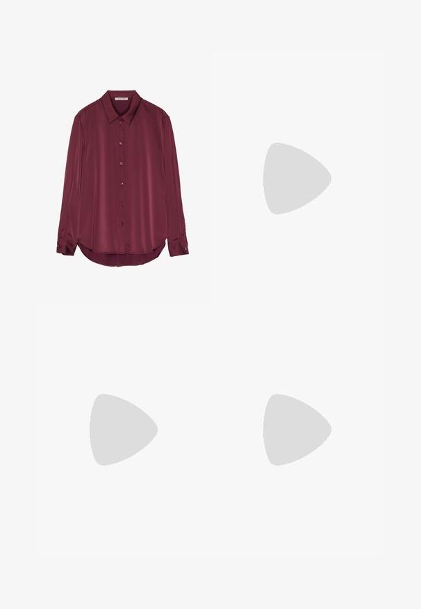 Burgundy, long-sleeve blouse in a smooth satin fabric featuring a collar, button front, and rounded hem. Buttons match the fabric color.; Black wide-leg trousers with high waist, button details on waistband, and front pleats.; Black patent leather high-heeled shoe with a pointed toe and block heel. Features a decorative strap and buckle detail on the vamp.; Black leather tote bag with two long handles, a smooth texture, and a structured shape. Features a front pocket for additional storage.