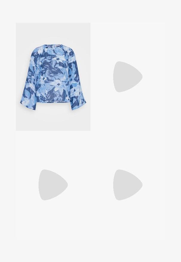 Top a fantasia floreale blu con scollo rotondo e maniche a campana. Realizzato in un tessuto leggero con diverse sfumature di blu.; Pantaloni culotte neri in poliestere con una cintura elastica, due pieghe frontali e una silhouette ampia. Nessun motivo visibile o dettagli in metallo.; Infradito neri con una finitura lucida, tre sottili cinturini e un dettaglio hardware circolare sulla punta. Design elegante con un tacco minimale.; Stradivarius RETRO - Occhiali da sole - light blue