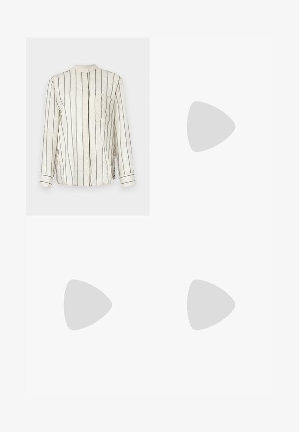 Long-sleeve shirt in cream fabric with vertical black stripes, featuring a mandarin collar, front button closure, and chest pocket.; Wide-leg denim trousers in dark blue, featuring a smooth texture, five-pocket design, and contrasting stitching. Front button and zip closure.; Black strappy sandal with a square toe and a low block heel. Features multiple thin straps and an adjustable ankle strap. Made of smooth leather.; Black leather crossbody bag featuring a smooth texture, rectangular shape, and a metallic chain detail on the front. Adjustable strap included.