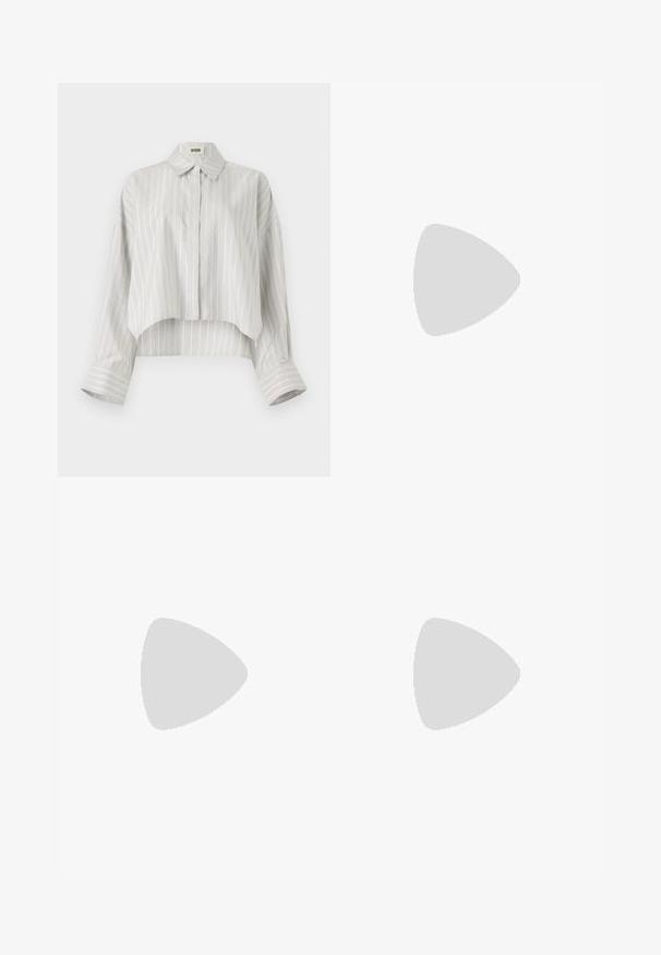 Striped blouse with a cropped design, made of lightweight fabric. Features a button-down front, collar, and wide, rolled cuffs. Light gray and white.; Black tailored trousers with a straight-leg design, featuring a smooth texture and crisp creases along the front. No visible hardware.; Black leather heeled sandal with adjustable ankle strap, open toe design, and a square block heel. Smooth texture, minimalistic style.; Black leather handbag with a structured design, featuring a cropped shape, top handle, and gold hardware accent. Adjustable shoulder strap included.