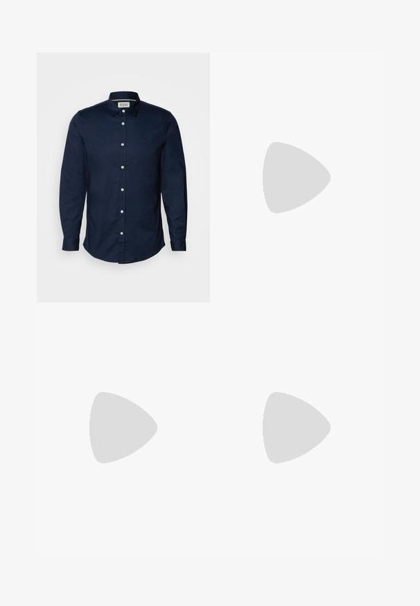 Chemise bouton-ronde bleu marine en coton, avec un logo discret, des manches longues et un col classique. Des boutons blancs contrastent avec le tissu.; Pantalons noirs sur mesure en tissu lisse, avec une taille plate, une fermeture à bouton et des jambes fuselées sans ornements visibles.; Chaussure habillée en cuir noir avec une finition lisse, bout rond et semelle basse texturée. Présente un laçage et une languette à l'arrière pour un enfilage facile.; Sac de sport noir en matériau synthétique texturé. Doté de deux poignées et d'une bandoulière réglable. Design simple sans motifs visibles.