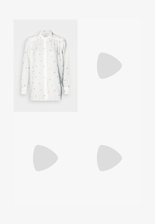 Chemise blanche à manches longues avec des rayures verticales et de petites broderies florales. Elle possède un col boutonné et une coupe standard. Tissu doux au toucher.; Robe blanche sans manches avec un subtil motif en forme de cœur, fermeture éclair noire, et trois liens en sequins noirs à l'avant ainsi que deux poches avec des liens.; Ballerines en cuir noir avec un bout pointu, des accents en clous argentés sur le côté, et une sangle dotée d'une boucle carrée.; Sac fourre-tout corail avec un design texturé et froncé. Fabriqué en tissu doux, il dispose de deux poignées robustes et d'un intérieur spacieux.; Boucles d'oreilles en argent avec plusieurs strass clairs, présentant un design en cascade et des surfaces texturées, sur un fond neutre.