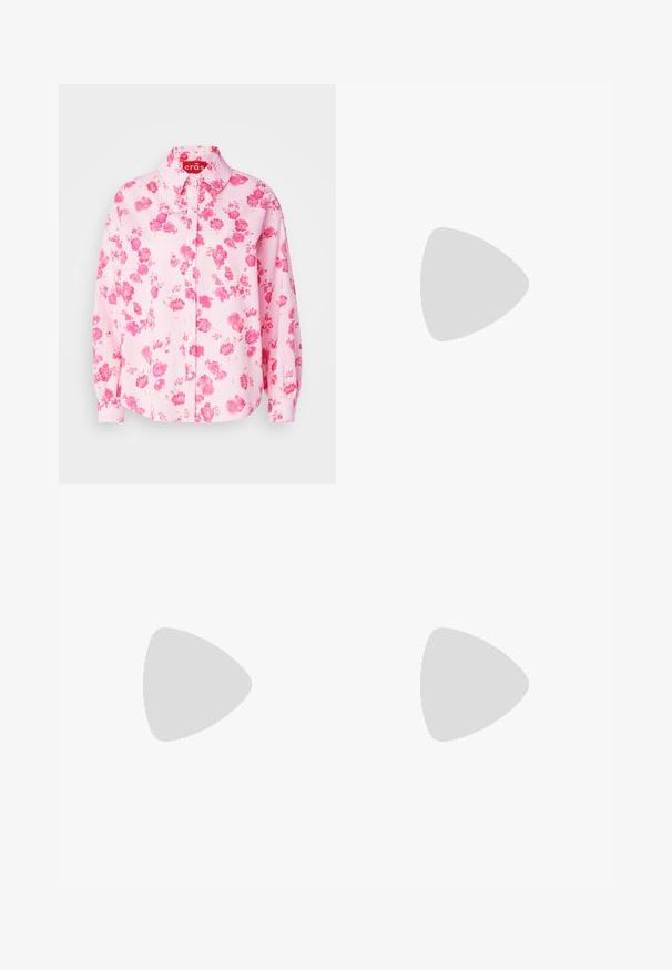Pink floral button-up shirt featuring a collar, long sleeves, and a textured fabric with scattered rose patterns. Red brand label inside collar.; White sleeveless tank top made of ribbed fabric, featuring a round neckline and seamless edges for a smooth fit.; Dark blue wide-leg jeans in denim fabric with a high waist, featuring orange stitching, five-pocket design, and a button closure.; White low-top sneaker with black heel tab, platform sole, laces, and Calvin Klein "CK" logo on the side.