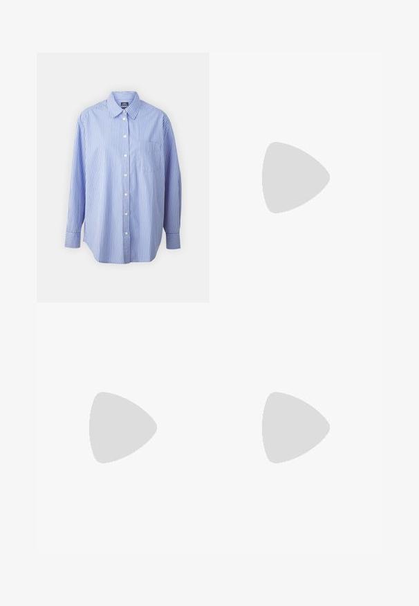 GAP THE BIG SHIRT - Nööpidega pluus - blue/white; Mustra mustriline kleit pikkade varrukatega, krae ja kihilise pitsilise äärega. Omab vormitud vööd ja elastseid manšette, millel on peene lilleline muster.; Pruunid nahast cowboy saapad terava varbaga ja plokk-kandaga, millel on detailne tikand ja kergelt tõstetud aktsendid varrel.; Valge lühikeste varrukatega särk rohelise lehemustriga, kuldne kettkaelakee ja rõngas kõrvarõngas. Modellil on kiharad punased juuksed ja hele jume.