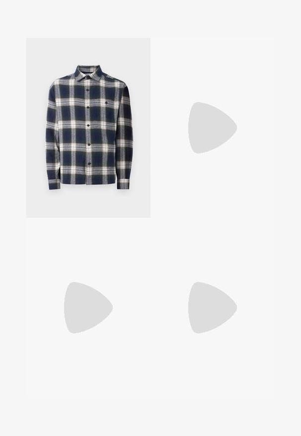 Camisa de manga longa para homem com padrão de xadrez grande em azul-marinho, branco e verde, e um único bolso no peito.; T-shirt branca de algodão, com mangas curtas e decote redondo. O texto centralizado diz "BEM-VINDO AO PARAÍSO" numa fonte verde curvada.; Calças cargo bege feitas de algodão, com dois bolsos laterais, fecho de botão e pernas retas com um tecido ligeiramente texturizado.; Sapatilhas brancas de atacar com uma superfície texturizada, sola grossa e design minimalista. Possui o logo da marca na lateral.