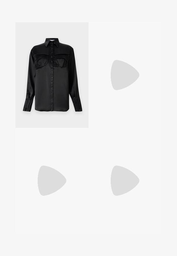 Crna satenirana košulja s dugim rukavima, dva džepa na prsima, uskim ovratnikom i detaljem na manžetama s jednim gumbom. Glatka tekstura.; Hlače širokih nogavica od glatke, smeđe ekološke kože. Imaju visoki struk, četiri džepa i prednji patentni zatvarač. Ravna tekstura i minimalistički dizajn.; Crna kožna slingback cipela s uskim vrhom, vitkim visokom petom i dekorativnom mašnom. Glatka tekstura i elegantan dizajn.; Bež ženska torba od kože sa srebrnim detaljima, dva bočna zipa, strukturirani dizajn i uklonjiva traka za svestranost.