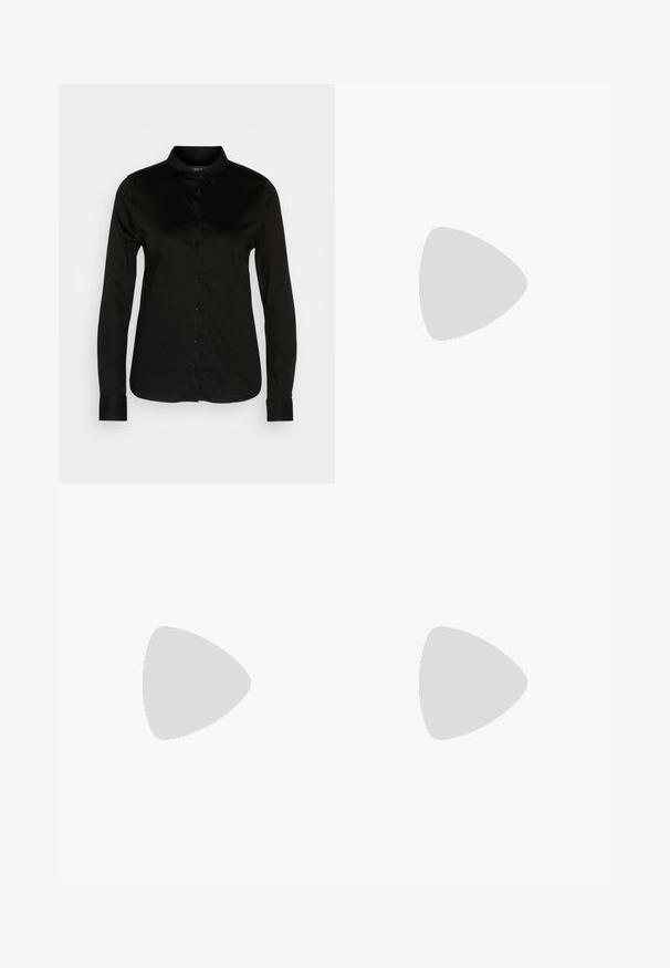 Black long-sleeve button-up shirt with a classic collar, made of smooth fabric, featuring a row of black buttons and buttoned cuffs.; Light blue straight-leg jeans made of denim. Features five pockets, a metal button closure, and subtle whiskering for texture.; Black ankle boots with a shiny finish, square toe, block heel, and side elastic panel. Paired with black tapered pants.; Three metal rings: one rose gold, one gold with textured accents, and one silver, all with engraved branding on the inner band.