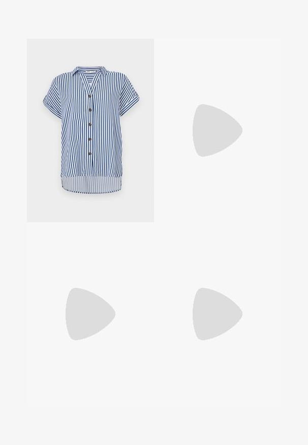 Short-sleeve button-up shirt featuring vertical blue and white stripes, a collar, five brown buttons, and a slightly curved hem.; Black flared jeans made of denim. Features a button closure, five pockets, and a smooth texture. The flared leg starts below the knee.; Black ankle boots made of smooth leather, featuring a side zipper, chunky textured heel, and rounded toe design.; Black leather tote bag with smooth texture, rectangular shape, and two long handles. No visible hardware or embellishments.