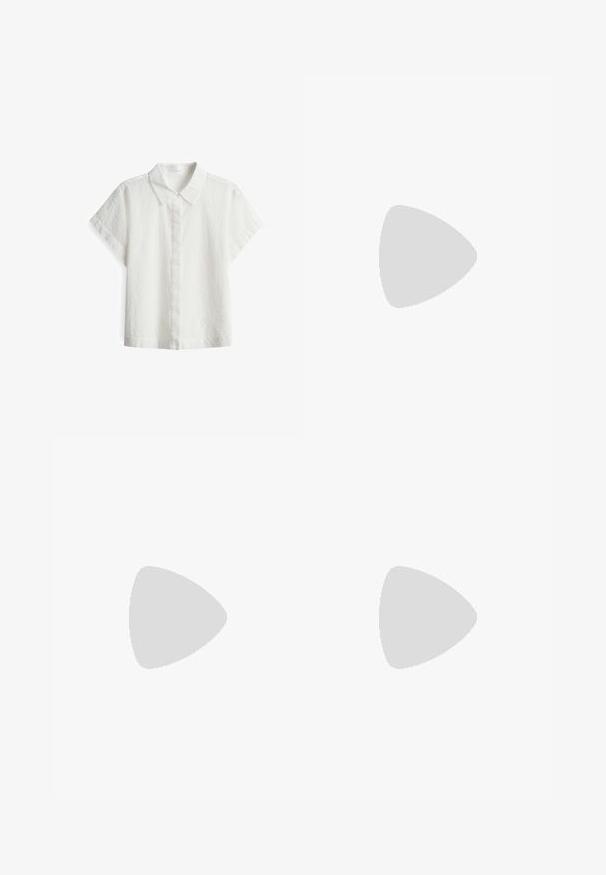 Blusa bianca a maniche corte con colletto, caratterizzata da un tessuto testurizzato e sottili motivi ricamati in tutto il capo.; Pantaloni neri a gamba larga con vita alta, dettagli con bottoni in vita e pieghe frontali.; Décolleté in vernice nera con punta affusolata e tacco in geometria cubica. Presentano un design elegante e minimalista, con una texture liscia.; Borsa finta coccodrillo gialla con design strutturato, manico superiore, tracolla a catena removibile e abbellimenti in cristallo decorativi sulla chiusura.