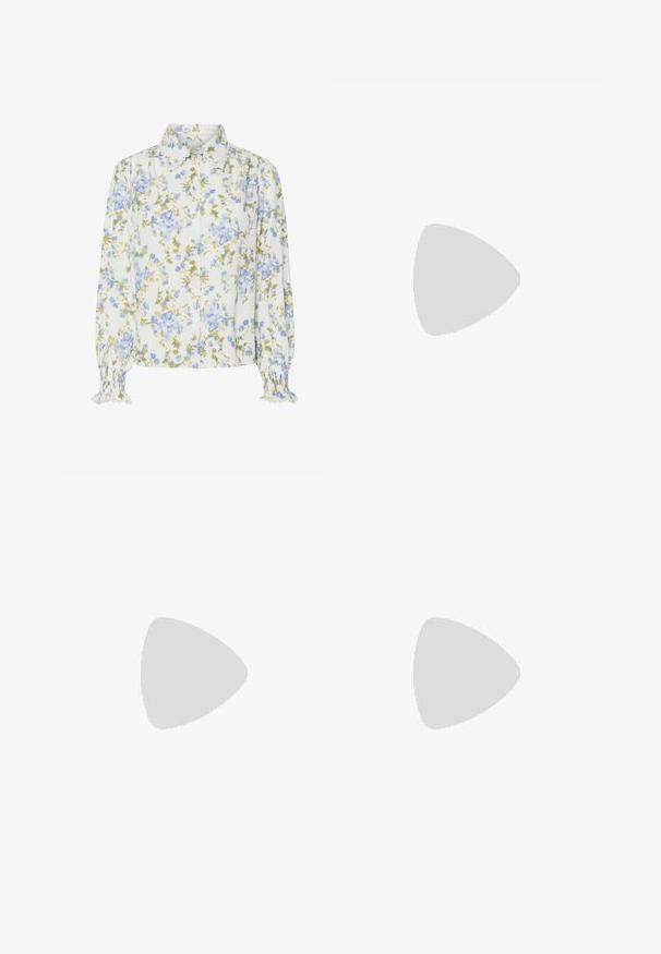 Blommig blus med vit bas, som har blå och gröna blommor. Krage design med knäppning framtill och volangärmar. Långa ärmar.; Fållad maxikjol i livlig röd, rosa och brun blommönster. Elastisk midja och mjuk textur förbättrar komfort och stil.; Vit hög topp canvas sneaker med svart gummisulan, framsidan gummitåhätta och sex öglor för snören, med en ren, minimalistisk design.; Röd läderhandväska med en vinkelrät, geometrisk design. Har ett justerbart axelband och en klaffstängning med sydda detaljer.
