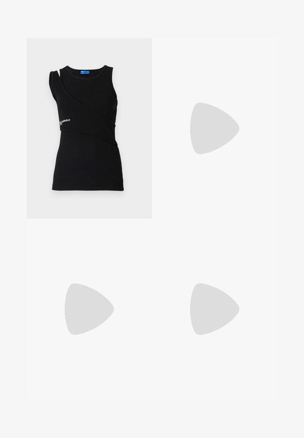 Juodas nėriniuotas tank topas su asimetriniu dizainu ir viena juosta, papuoštas logotipu prie apačios. Minkšta, tampri medžiaga.; Juodo odos A formos sijonas, lygi tekstūra, iki apklaustų ilgis, turi horizontalių siuvimo detalių juosmens ir siūlių vietose, kad suteiktų papildomą struktūrą.; Juodi odiniai slingback kulniukai su smailiu pirštu, siauru kulnu ir dekoratyvine sagtimi viršuje. Lygus paviršius ir elegantiškas dizainas.; Bežinė odinė rankinė su struktūrine trikampio forma, turinti sidabrinę grandinėlę ir metalinį bajorišką logotipą.; Auksinės grandinėlės auskarai su aiškiais kristalais, puošiančiais dizainą, su įspaustu „GUESS“ ženklu ir lygiu paviršiumi.