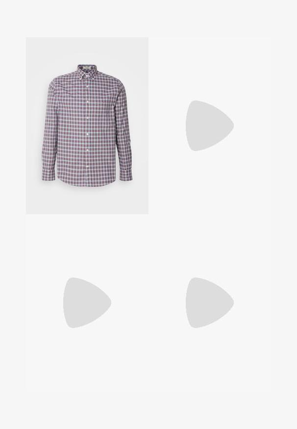 Button-down shirt in plaid pattern featuring red, blue, and white colors. Made of cotton with long sleeves and a rounded hem.; White cotton t-shirt with short sleeves, round neckline, and a subtle "Levi's" logo printed in light color on the front.; Dark blue denim jeans with a straight cut, five pockets, contrasting orange stitching, and a button fly. No visible patterns or embellishments.; Black leather dress shoe with a round toe, lace-up design, and a low stacked heel. Smooth texture with minimal stitching details.