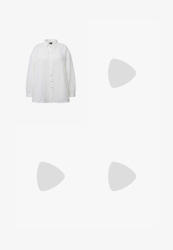Witte overhemden met een textuurstof, voorzien van een klassieke kraag, lange mouwen en parelachtige knopen aan de voorkant.; Zwarte trainingsbroek met witte zijstrepen, elastische tailleband en een logo-patch. Gemaakt van gladde, lichte stof. Ontwerp met rechte broekspijpen.; Zwarte leren enkellaars met een gestructureerd oppervlak, zijrits en vetersluiting, uitgerust met een robuuste zool en gele stiksels.; Zilveren oorringen met een gladde, gepolijste oppervlakte en een dunne, ronde vorm. Het ontwerp heeft een veilige sluiting.