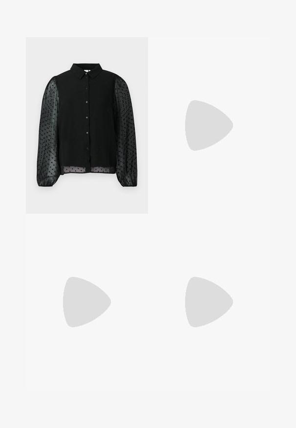 Blusa preta com corpete liso adornado com pontos texturizados e mangas bufantes transparentes. Fecho por botão na frente, design de gola redonda e mangas com bainha.; Calças de couro pretas com uma textura suave, corte reto, cintura elástica e fecho com botão na frente; detalhe plissado e pernas afuniladas.; Botas de tornozelo pretas feitas de couro liso, com fecho lateral, salto grosso texturizado e design de bico arredondado.; Bolsa tote preta em couro com textura lisa, forma retangular e duas alças longas. Sem hardware ou enfeites visíveis.