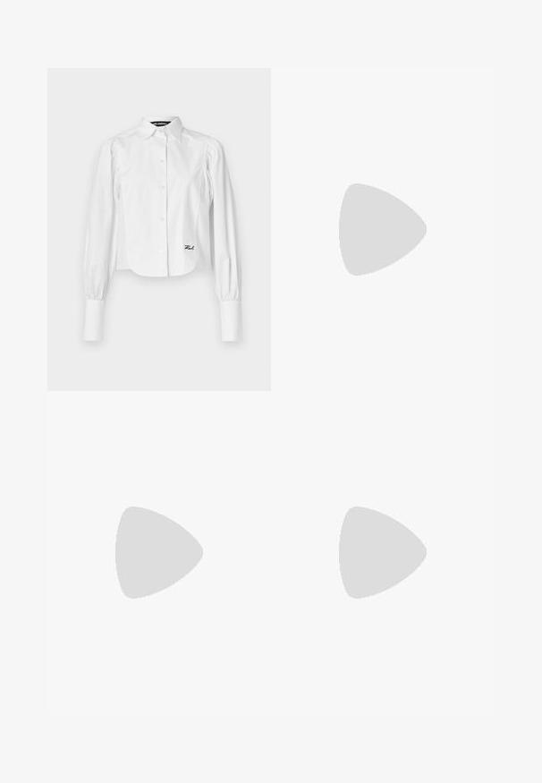 KARL LAGERFELD FASHION SHIRT - Button-down blouse - white; Black trousers featuring a straight cut, smooth texture, and a waistband with a single button closure. No visible patterns or accents.; Black leather high-heeled shoe with pointed toe, ankle strap, and a thin heel. Smooth texture with a gold accent on the heel base.; Beige leather handbag with a structured, triangular shape, featuring a silver chain handle and a cursive logo in metal.