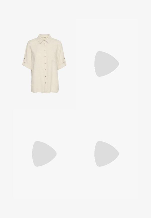 Beige linen short-sleeve shirt with a button-down front, featuring a chest pocket and roll-up cuffs with button accents. Smooth texture.; Black wide-leg trousers with high waist, button details on waistband, and front pleats.; Black leather pump with a pointed toe and a low block heel. Features an ankle strap with a gold-tone buckle. Smooth texture.; Black leather tote bag with two long handles, a smooth texture, and a structured shape. Features a front pocket for additional storage.