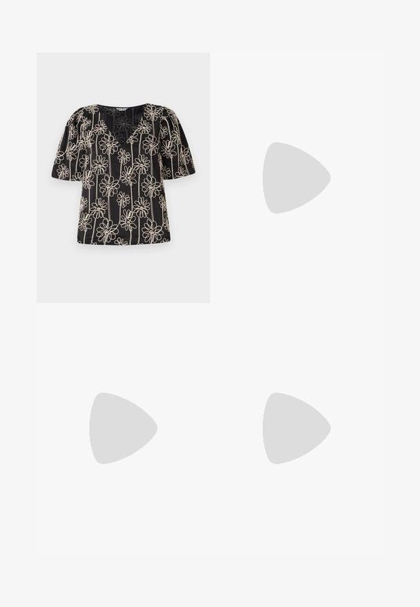 Top nero con maniche a sbuffo, scollo a V e ricami di fiori beige. Il motivo floreale è distribuito uniformemente su tutto il tessuto.; Pantaloni larghi blu chiaro realizzati in tessuto morbido. Presentano una chiusura con bottone, due tasche frontali e una vestibilità ampia con dettagli stirati.; Scarpa con tacco alto in vernice nera, con cinturino alla caviglia, punta affusolata, tacco quadrato e dettagli in metallo dorato.; Borsa a tracolla in pelle nera con una forma a ventaglio unica, dotata di manici piatti. La superficie presenta una texture a ciottoli e un design minimalista.