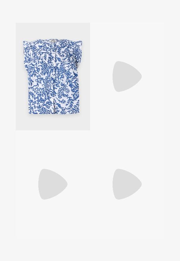 White blouse with blue floral pattern, short sleeves, and a button-up front. Made of lightweight fabric with textured surface.; Stradivarius Trousers - beige; Even&Odd by Zalando High heeled sandals - blue denim; Even&Odd by Zalando BUCKLE - Handbag - off-white/beige