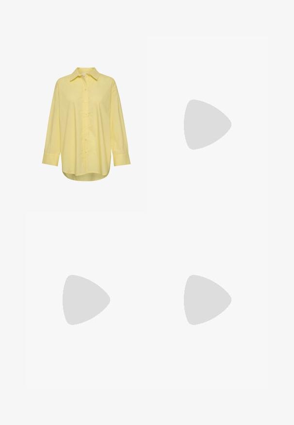 Part Two SAVANNA - Camicia - lemonade; Pantaloni a gamba larga in tessuto crema con una texture liscia, caratterizzati da un singolo bottone frontale, pieghe sottili e un design a vita alta.; Sandalo bianco con tacco alto, caratterizzato da un design a cinturini e un legaccio alla caviglia. Texture liscia con una piattaforma frontale per un'altezza aggiuntiva.; Occhiali tortoiseshell marroni con lenti ovali, aste sottili e dettagli trasparenti. Presentano un logo sottile sulla tempia. Design elegante e leggero.