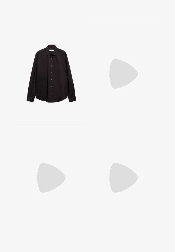 Zwarte lange mouwen overhemd met knopen gemaakt van gladde stof, met een klassieke kraag en knopen aan de voorkant. Geen zichtbare patronen of accenten.; Olijfgroene broek met een losse, wijde pijpdesign en voorplooien. Gemaakt van textuurstof met een standaard tailleband en zonder zichtbare hardware.; Zwarte leren schoenen met een afgeronde neus, vetersluiting en een dikke, getextureerde zool. Draagt een gepaste zwarte broek en een geribbelde trui.; Zwarte plastic zonnebril met groene lenzen, vierkante montuur, zilveren accent op de wenkbrauw en een gestructureerde tempel. Merken vermeld op de binnenkant van de arm.