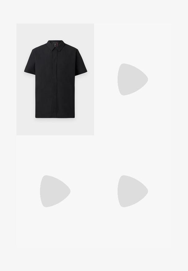 Short-sleeve black shirt with a structured collar, featuring a front placket and smooth fabric texture. Simple, modern design.; Black and white swim shorts featuring an abstract, wavy pattern, elastic waistband with drawstring, and smooth texture.; White Nike Air Max 90 sneakers feature a smooth leather and mesh upper, perforated detailing, cushioned sole, and visible air unit for comfort.; Black sunglasses with a matte finish, rectangular lenses, slight curve on temples, subtle logo detail, and smoke-tinted lenses.