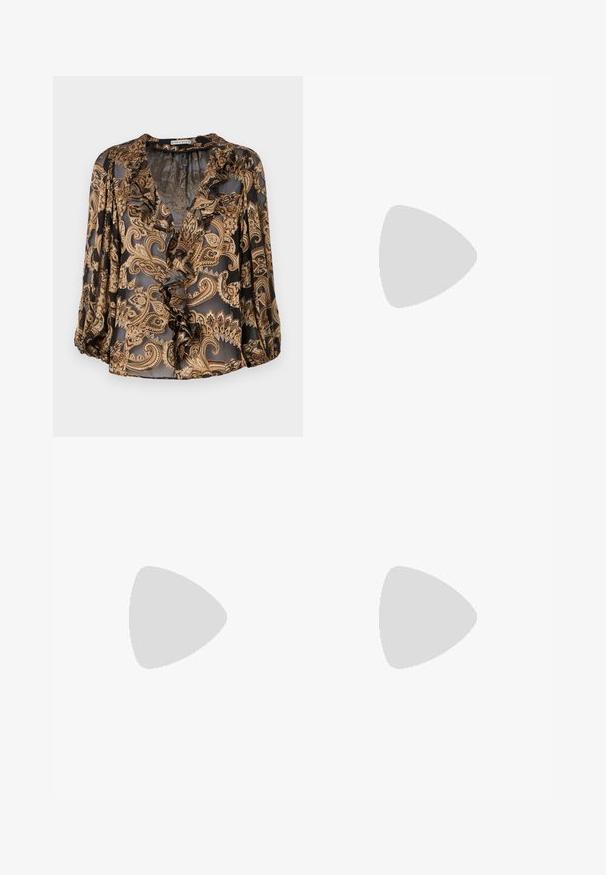 Black and gold paisley blouse with ruffled V-neck, three-quarter sleeves, and a sheer texture, featuring a loose fit and intricate pattern.; Beige cotton T-shirt with short sleeves, featuring a black graphic logo on the front. Classic crew neck design and relaxed fit.; Dark blue flared jeans made of denim. Features high waist, five pockets, and contrast stitching. Smooth texture and clean finish.; Black leather ballet flat with a rounded toe, smooth texture, minimal stitching detail, and a flexible sole design.