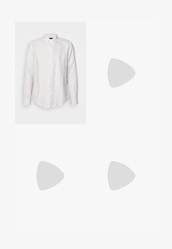 Camicia bianca a maniche lunghe in lino, con colletto button-down, bottoni frontali e un piccolo logo ricamato sul petto.; Jeans blu chiaro a gamba larga realizzati in denim, con vita alta, classico design a cinque tasche e chiusura a bottone con zip.; Sneakers in tela blu con suole in gomma bianca, design con lacci e un inserto in pelle marrone sul tallone. Presentano accenti colorati vicino ai lacci.; Occhiali da sole neri rettangolari con lenti scure. Montatura in plastica spessa e liscia con finitura leggermente lucida e tempie dritte.