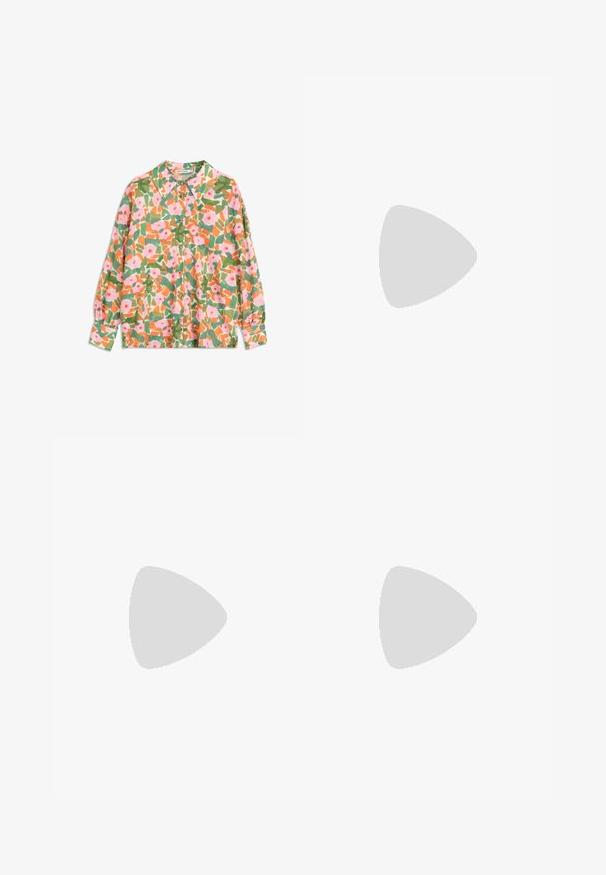 Camicia a bottoni floreale in tonalità di rosa, arancione e verde; presenta un colletto, maniche lunghe e un tessuto leggero e testurizzato.; Top in cotone bianco a costine abbinato a una gonna avvolgente blu navy con un taglio diagonale e sottili righe dorate in contrasto.; Mocassini neri in pelle con una parte superiore decorativa in tessuto verde e bianco. Presentano un'accento in catena dorata e una suola nera textured.; Borsa a mano in perline verdi realizzata in materiale morbido, con un design a griglia composto da perline tonde, un manico triangolare e una superficie testurizzata.