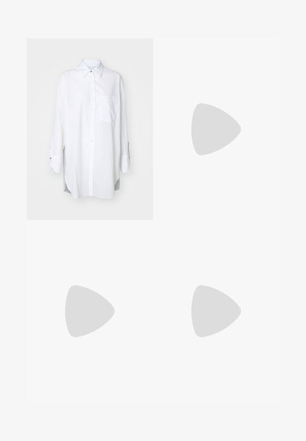 BOSS BAREDA - Skjortebluse - white; Vide bukser i lys beige bomull. Har høy midje, frontlommer og rett passform. Renslig søm uten mønstre.; Hvit sneaker med glatt overflate, svart hælakkent og snøringsdesign. Har "Calvin Klein" merkevare på siden. Minimalistisk stil.; Sølvmetalløreringer med avrundede former, en polert overflate og subtile graveringer av merket "BOSS" på de nederste delene.