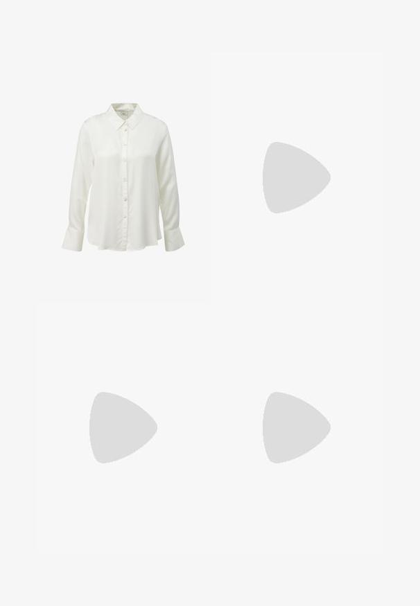 s.Oliver BLACK LABEL Button-down blouse - creme; Black cropped trousers with a relaxed fit, elastic waistband, and two front pockets. Fabric has a smooth texture with a slightly shiny finish.; Black leather kitten heel sandal with thin straps, gold buckle, and minimalist toe loop on a white background.; Metallic gold clutch with a smooth, rounded shape, featuring a top button clasp and a small chain strap for carrying.
