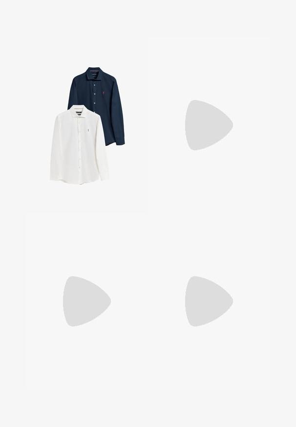 Due camicie a maniche lunghe: una bianca e una blu scuro, entrambe con colletto a bottoni e piccoli loghi sul lato sinistro del petto.; Polo bianco con colletto a coste, caratterizzato da strisce rosse e blu navy, patta con due bottoni e un piccolo logo ricamato sul petto.; Chino bianchi in cotone, con fronte piatto, passanti per cintura, due tasche laterali e una tasca posteriore. Tessuto liscio con gamba dritta.; Sneaker atletico bianco con accenti in suede grigio, parte superiore in mesh, linguetta blu sul tallone e suola in gomma nera. Presenta una chiusura con lacci e un logo.
