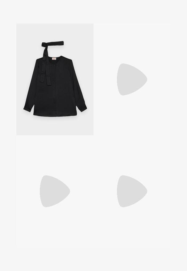 Black long-sleeve blouse in smooth fabric, featuring a button-down front and a tie detail at the neckline. Classic collar and cuffed sleeves.; Black flared pants featuring a smooth texture, tailored waistband, and front pockets, designed with a sleek, modern silhouette.; Black leather sandals with gold buckle accents, featuring multiple straps and a flat sole design for open-toe wear.; Black leather crossbody bag with two front pockets, gold buckles, zipper closure, and a slim strap. Textured surface and compact rectangular shape.
