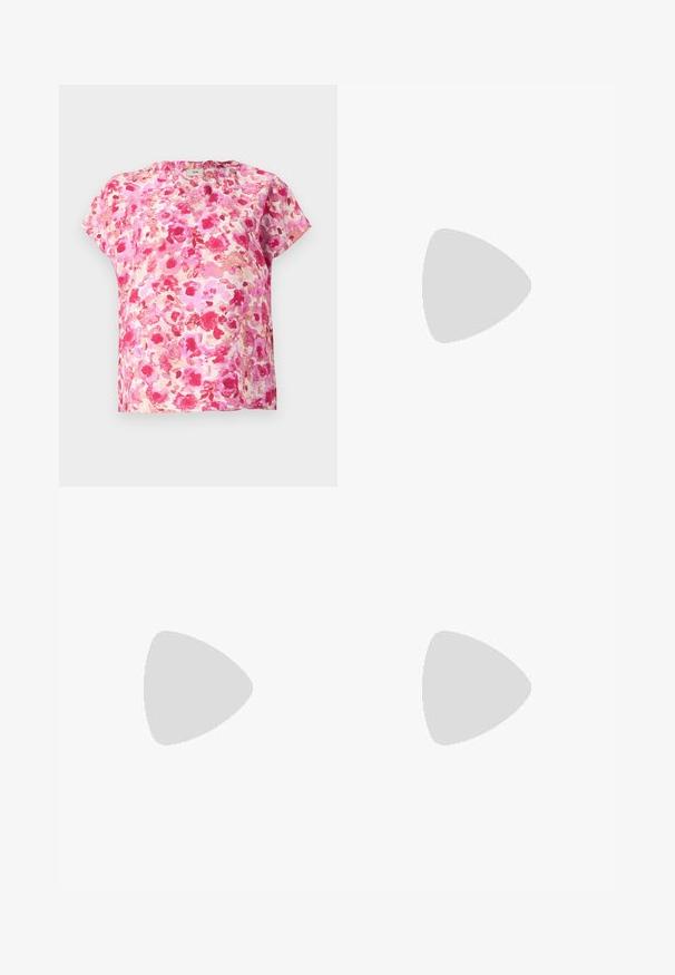 Floral short-sleeve top in shades of pink and coral, featuring a loose fit, round neckline, and soft fabric with a watercolor pattern.; White pinstriped trousers with a straight leg design, made from a lightweight fabric. Features pleats at the front and a traditional waistband.; Strappy high-heeled sandal in white leather with a sleek design, a transparent block heel, and a decorative element at the toe.; White synthetic handbag with a triangular shape, flat front flap and bow detail, adjustable strap, smooth texture, and minimalistic design.