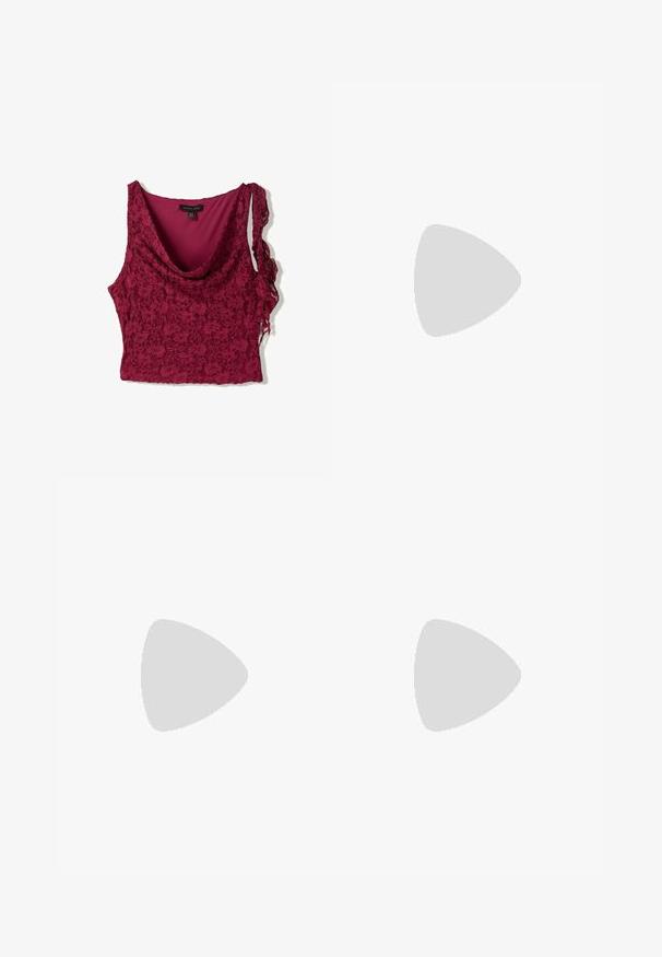 Burgundy lace top with a draped neckline, featuring a smooth inner lining and asymmetrical lace straps. Textured floral pattern throughout.; Burgundy lace skirt with a ruffled hem and tiered design. Features a soft texture and adjustable tie on one side.; Pink leather slingback pump with a pointed toe, cut-out detailing, and a low heel. Smooth texture and adjustable buckle closure.; Woven straw bucket bag with a drawstring top, brown leather accents, and a front pocket featuring a logo. Adjustable leather strap included.