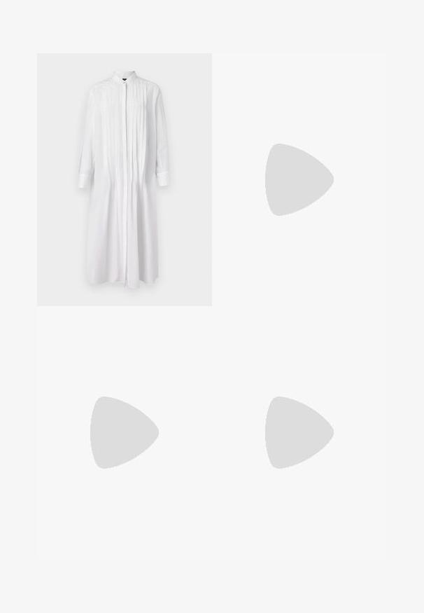 White long-sleeve collared shirt dress with pleated front detail and button closure, made from smooth fabric. Minimalist design.; Light blue, high-waisted jeans made of denim. Feature wide legs, two torn knee areas, and classic five-pocket styling.; White high-top canvas sneaker with black rubber sole, front rubber toe cap, and six eyelets for laces, featuring a clean, minimalist design.; Red leather handbag with an angular, geometric design. Features a single adjustable strap and a flap closure with stitched detailing.