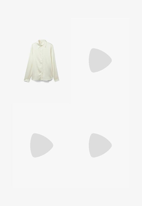 Cremefarbene Bluse mit langen Ärmeln aus glänzendem Stoff. Verfügt über einen klassischen Kragen, eine Knopfleiste und einen leicht abgerundeten Saum am unteren Ende.; Schwarze Hose mit geradem Schnitt, ausgestattet mit Fronttaschen und Seitenschlitzen am Saum. Hergestellt aus weichem, glattem Stoff. Geeignet für verschiedene Anlässe.; Schwarze patentierte Sandalen mit Absatz, quadratischer Spitze, Knöchelriemen und silbernen Schnallen. Mit einem stabilen Blockabsatz für mehr Stabilität.; Schwarze Tote-Bag aus glattem Leder, mit einem abgerundeten, offenen Oberteil, zwei Schulterträgern und einem minimalistischen Design.