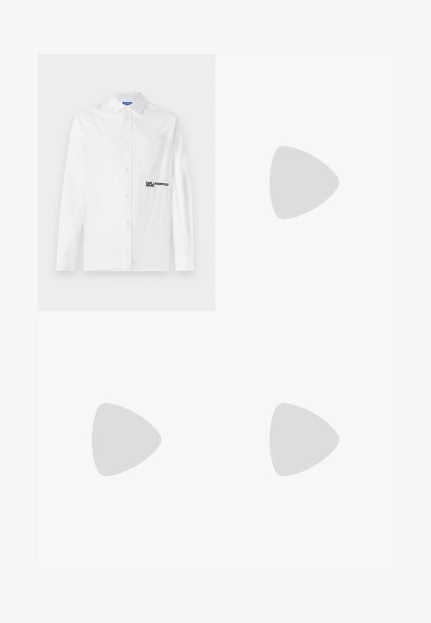 White long-sleeve button-up shirt made of cotton, featuring a chest pocket and black embroidered "KARL LAGERFELD JEANS" logo on the front.; Black tailored trousers with a straight fit, made from smooth fabric. Features belt loops and crease detail along the front.; White leather sneakers with a smooth finish, rounded toe, flat laces, and a textured sole. Grey suede accent at the heel.; Clear plastic sunglasses with rectangular brown lenses, featuring thin, transparent arms and metal accents on the temples.