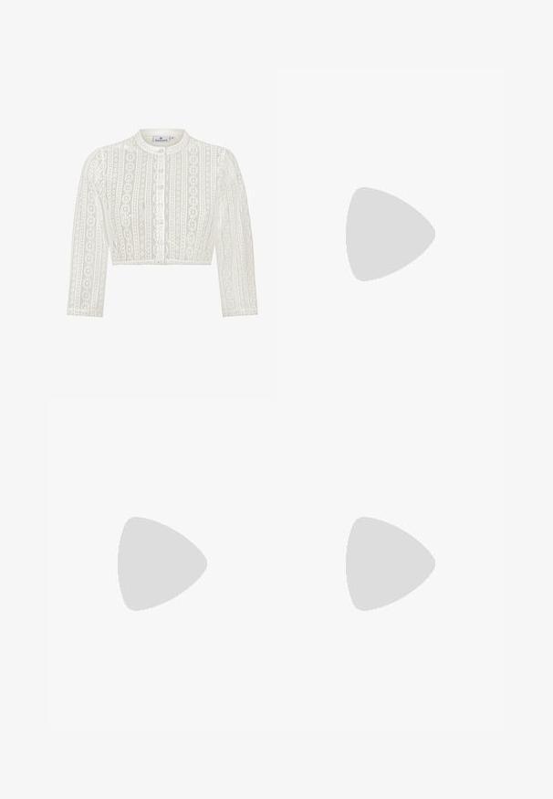 White lace cropped cardigan with a round neckline, long sleeves, button closures, and vertical floral patterns. Soft texture, delicate design.; Black wide-leg trousers with high waist, button details on waistband, and front pleats.; Black leather pump with a pointed toe and a low block heel. Features an ankle strap with a gold-tone buckle. Smooth texture.; Black handbag with structured shape, smooth texture, and a metallic clasp. Paired with wide black pants and open-toe sandals on wooden floor.