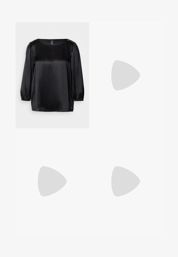 Blouse en satin noir avec un décolleté carré, des manches longues bouffantes avec des poignets élastiques et un ourlet droit. Texture lisse avec un design chic et minimaliste.; Robe portefeuille bleue avec un décolleté en V et des manches courtes, présentant des détails froncés à la taille et une fente sur le côté. Fabriquée en tissu doux.; Sandales à talons en simili cuir serpent marron avec un design en tongs et un bout carré. Le talon mesure environ 5 cm de hauteur, avec une finition lisse.; Boucles d'oreilles en métal argenté avec des formes arrondies, finition polie et délicates gravures de la marque "BOSS" sur les sections inférieures.