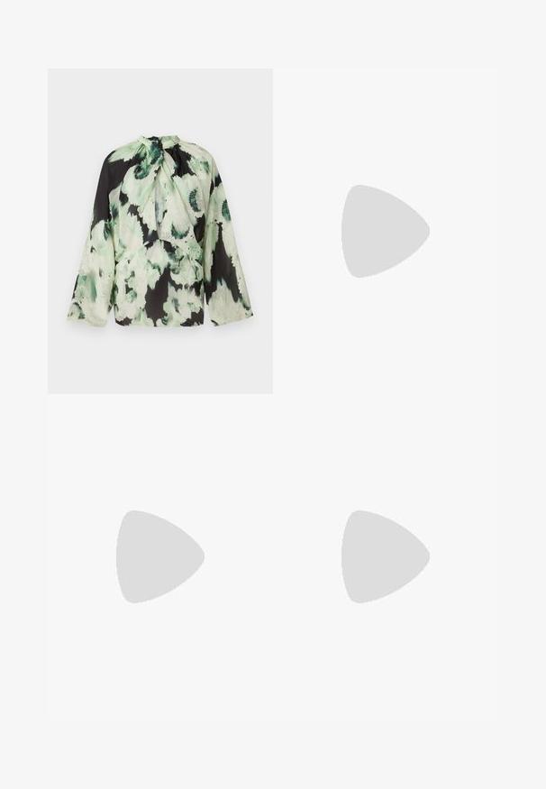 Long-sleeve blouse in lightweight fabric, featuring a black base with a green abstract floral pattern and a tie neck design.; Black maxi skirt with a smooth, satin texture, featuring a high waistband and pleated design flowing to the hem.; Black patent leather high-heeled mule with a pointed toe and a sleek silhouette, featuring an open back and a slender stiletto heel.; The Kooples SAC - Handbag - black